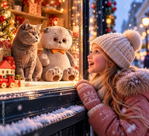 Happy little girl admiring cat and plush toy in Christmas shop window, capturing childhood wonder, holiday magic, festive shopping and joyful winter atmosphere with glowing decorations and snow