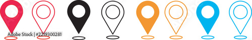 Location Map Pin Icon Set, Geolocation and Navigation Markers in Outline and Solid Styles, Address Place Pointer Symbols vector illustration