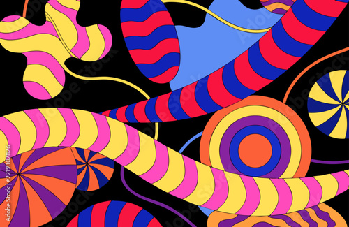 Vivid colorful background featuring hypnotic psychedelic waves, spirals, and flowing geometric shapes
