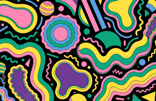 Vivid retro vector background with psychedelic waves, colorful spirals, and organic shapes