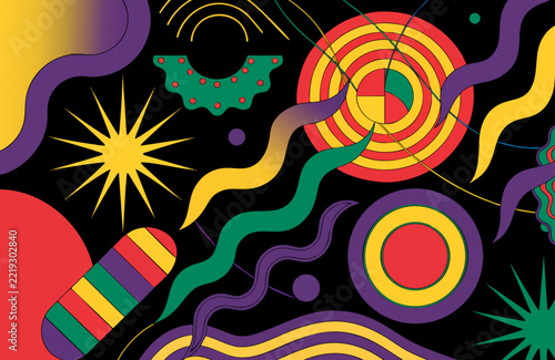 Vivid retro psychedelic background featuring colorful organic shapes and dynamic flowing lines