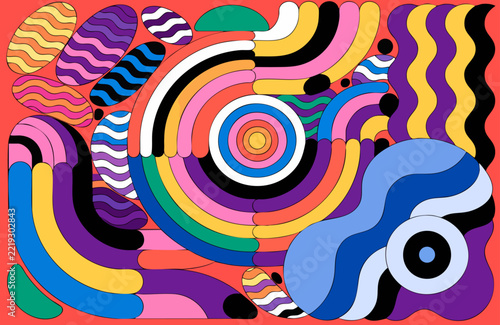 Vivid retro pattern with swirling psychedelic curves, colorful waves, and geometric details
