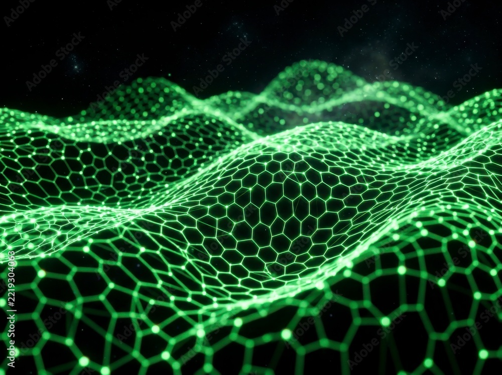 Fototapeta premium Abstract digital landscape with green glowing hexagonal grid and wave pattern
