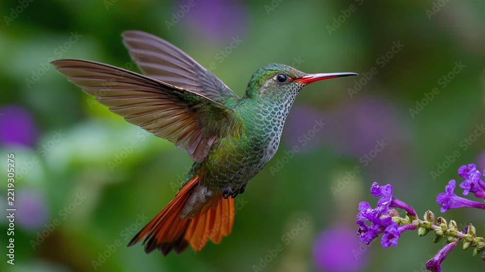 Fototapeta premium Green and orange hummingbird hovering near purple flowers in nature.
