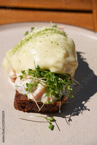 Traditional Scandinavian shrimp toast (toast Skagen) with dill, egg and mayonnaise