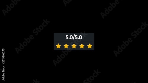 Five star rating system perfect score of 5 out of 5 customer feedback and review concept isolated on black background