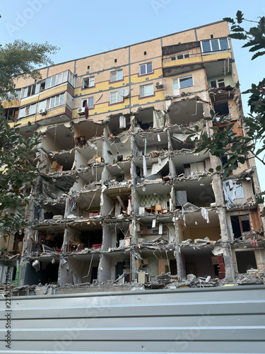 Facade of one of a demolished building in Dnipro, Ukraine after drone attack