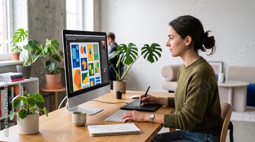 Young woman graphic designer working on a colorful abstract design on her computer at home office