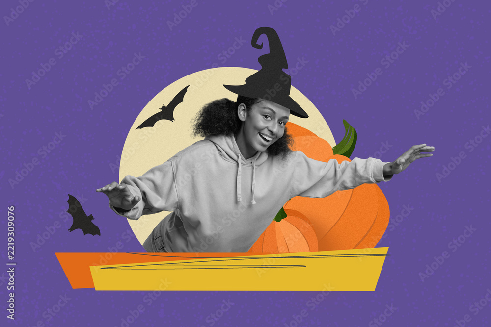 Fototapeta premium Joyful Expression. Happy Young Black Female Celebrating Halloween In Costume, Pretending To Fly With Broom In Festive Setting, Surrounded By Pumpkins. Halloween Concept.