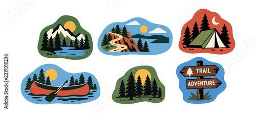 Hand Drawn Camping and Hiking Adventure Clipart Set with Mountain Landscape, Forest, Lake, Canoe, Tent and Outdoor Trail Signs