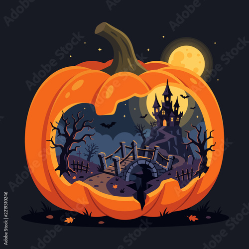 Pumpkin with haunted castle scene and moon in a Halloween theme  