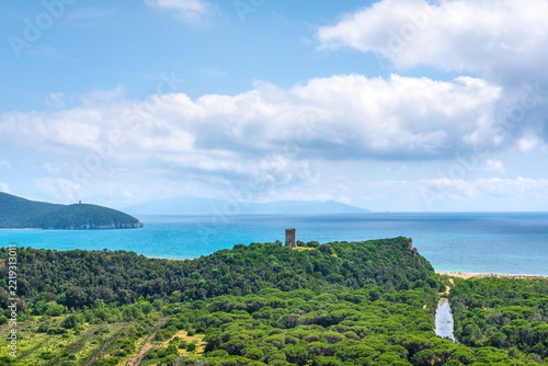 Panoramic view of Maremma Park and Tower. Tuscany, Italy
