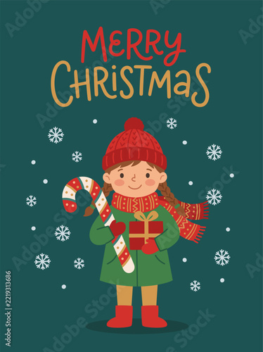 Merry Christmas greeting card with cute girl flat vector illustration. A smiling child in a red hat holds a giant candy cane and wrapped gift surrounded by falling snowflakes.