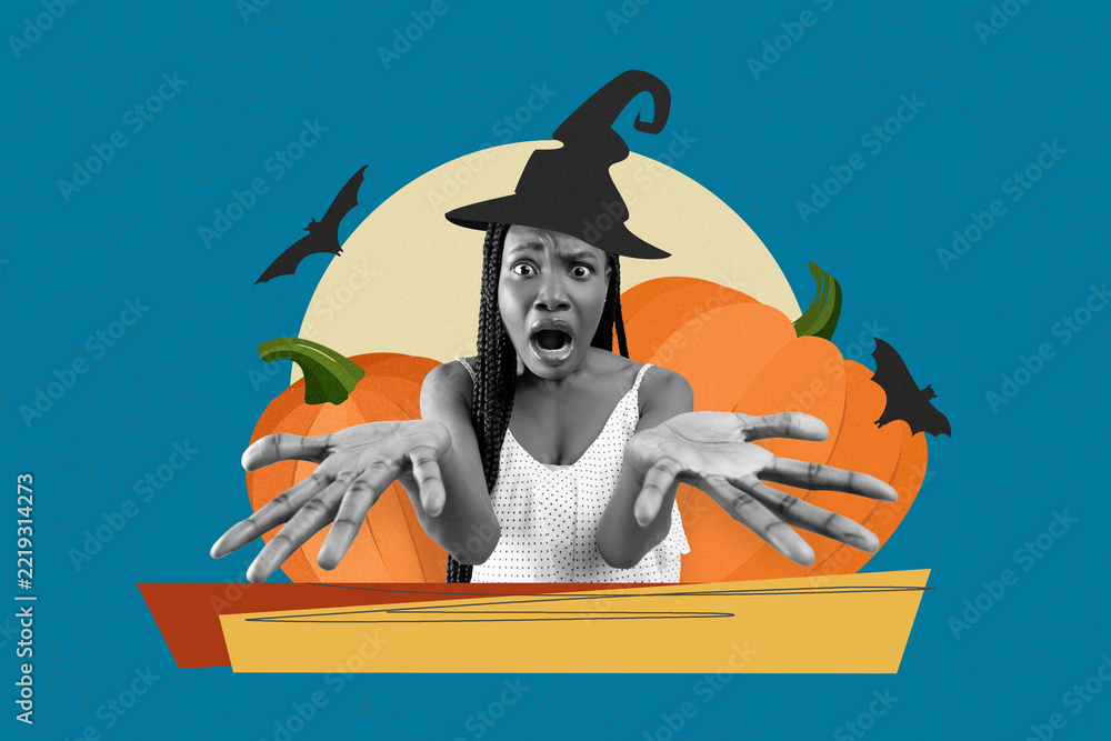 Fototapeta premium Surprised Black Female With Witch Hat And Scared Expression, Extending Arms In Fright Among Halloween Pumpkins, Set In Colorful Background. Halloween Concept.