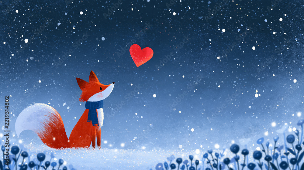 Fototapeta premium Faceless fox lover in a snowing winter starry night with flower scenery, romantic Valentine background, with copy space