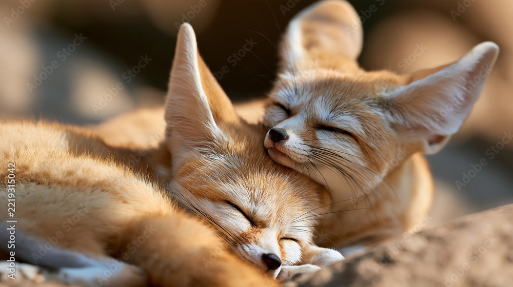 Fototapeta premium Close-up of a high-definition fennec fox snuggling closely and guarding its sleeping companion, heartwarming pet-style wildlife photography, with copy space