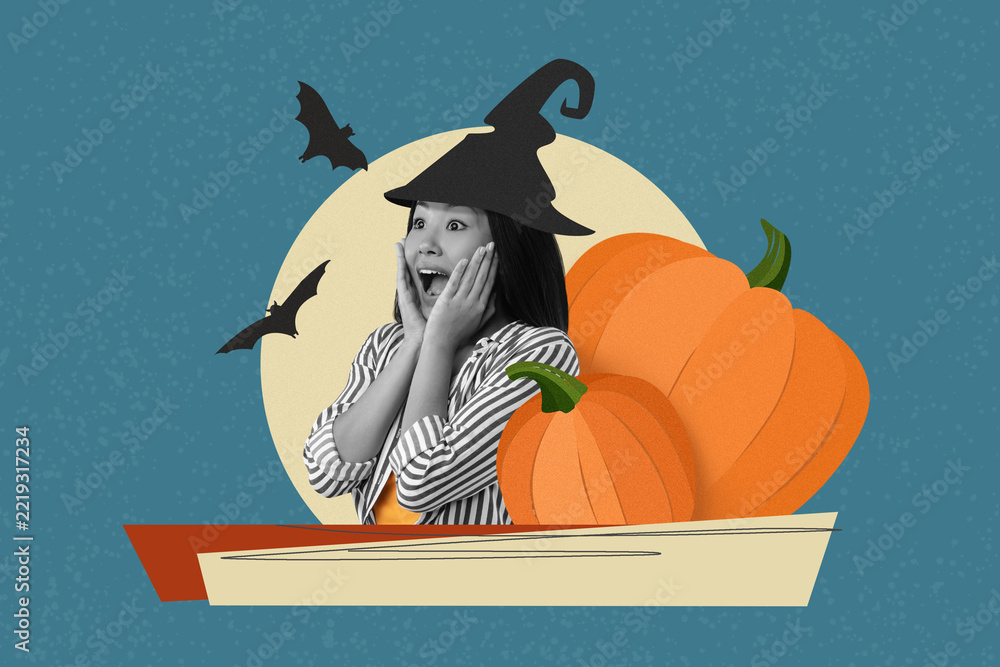 Fototapeta premium Excited Female Asian Celebrating Halloween With A Witch Hat, Surrounded By Decorative Pumpkins And Bats. Displaying Emotion Of Surprise In A Fun Halloween Setting. Halloween Concept.
