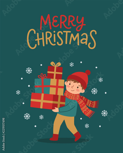 Merry Christmas greeting card with boy carrying gifts flat vector illustration. A smiling child in red hat and scarf walks while holding a stack of wrapped presents, surrounded by falling snowflakes.