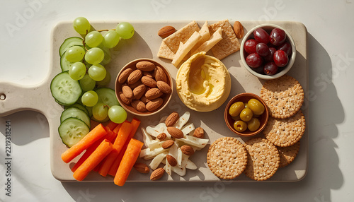 Healthy Mediterranean Snack Platter with Fresh Vegetables and Hummus.