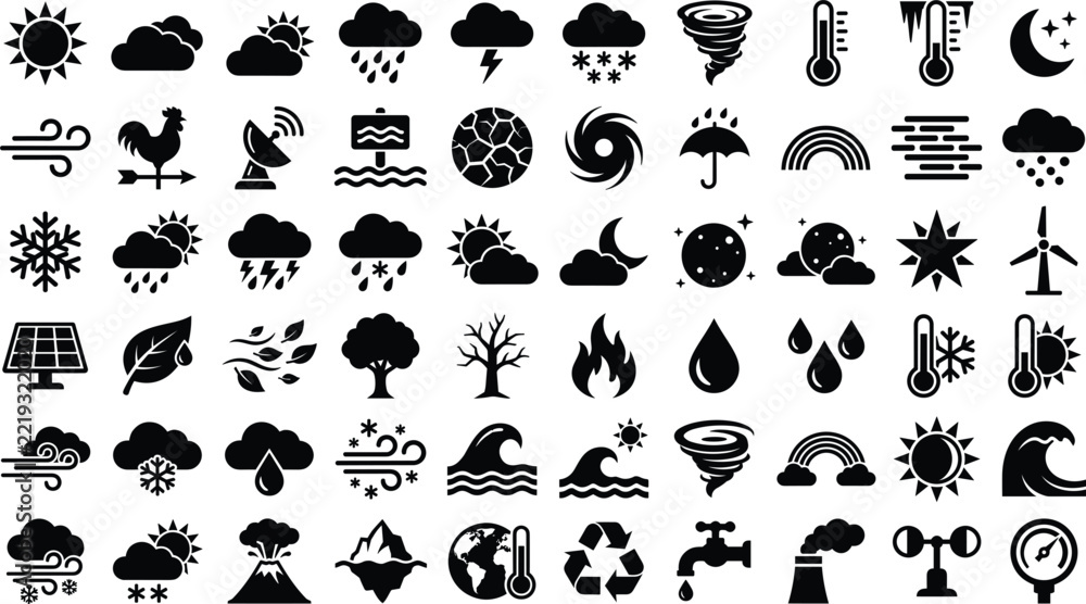 Fototapeta premium Weather Icons Set with Sun, Clouds, Rain, Snow, Wind, and Temperature Symbols Featuring Forecast, Meteorological