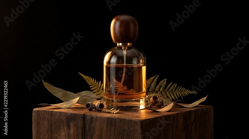 Luxurious amber liquor bottle with golden glass and scattered autumn leaves on wood