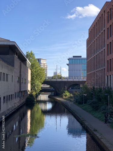 Nottingham canal with arched bridge in the city
