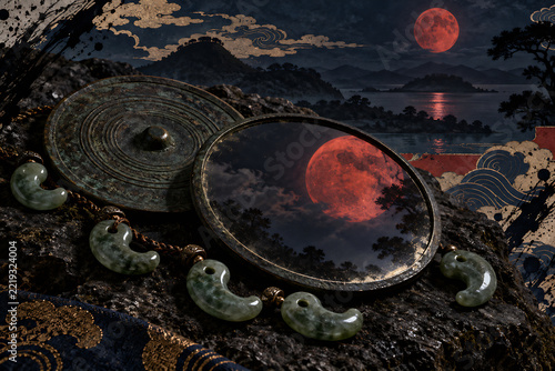 Ancient Bronze Mirror and Jade Magatama Beads Under a Red Moon