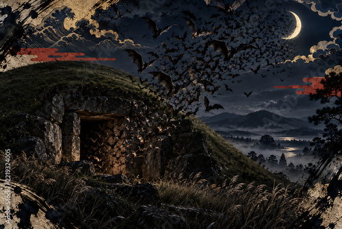 Swarm of Bats Leaving an Ancient Japanese Stone Tomb at Night