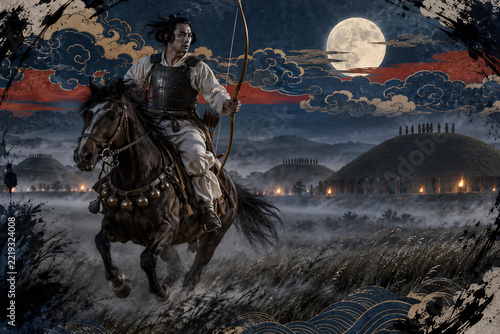 Japanese Vampire Horse Archer Galloping Past Kofun Burial Mounds