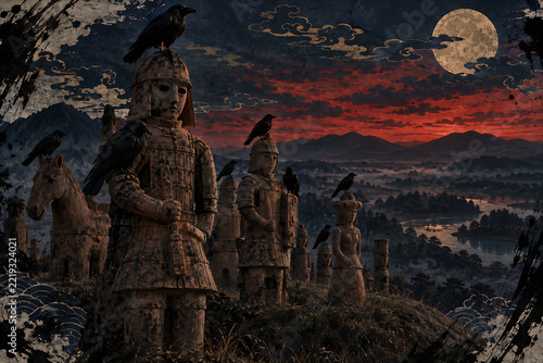 Black Crows Perched on Haniwa Warrior Figures at a Red Dusk