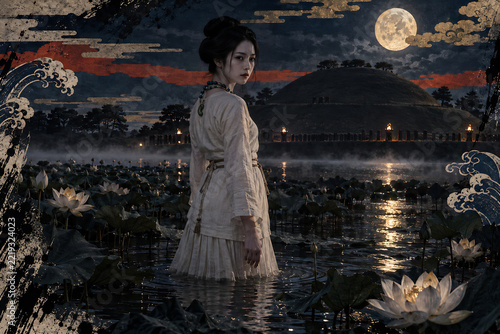 Japanese Vampire Woman in a Lotus Moat Before a Burial Mound