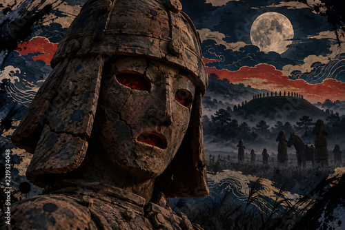 Cracked Haniwa Warrior Head With Glowing Red Eyes at Night