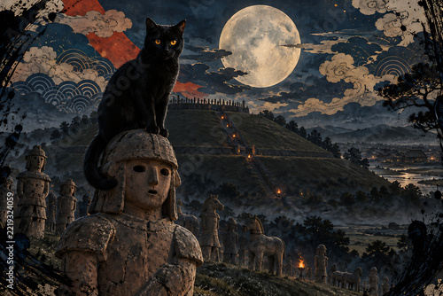 Black Cat Sitting on a Haniwa Clay Warrior Under a Full Moon