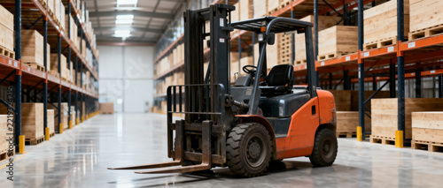 Orange forklift parked in large warehouse aisle with wooden crates and pallet storage racks