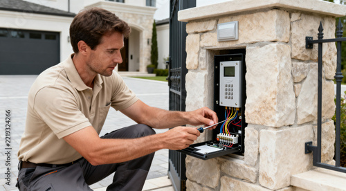 Skilled technician repairs and installs a residential gate keypad and access control system at a stone pillar entrance, working with wiring and tools to ensure home security