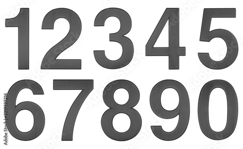 Collection of light Black metal numbers from zero to nine with brushed metallic texture isolated on pure white background. Modern typography set for graphic design and composition