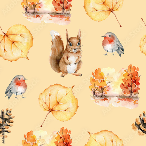Watercolor autumn seamless pattern with forest animals and fall nature elements. Hand painted squirrel,bird,pine cone,trees,leaf.Fall background.Woodland animals