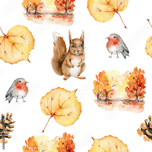 Watercolor autumn seamless pattern with forest animals and fall nature elements. Hand painted squirrel,bird,pine cone,trees,leaf.Fall background.Woodland animals