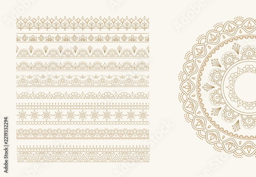 Beige Diwali decorative mandala floral border elements. Golden ethnic template with geometric line art elements. Oriental vector illustrations