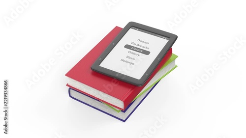 Falling colorful books and e-book reader on white background