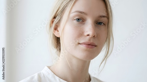 Close-up portrait of a young Scandinavian woman with fair porcelain skin, light blonde hair, blue eyes, minimal natural makeup, subtle freckles, peaceful expression, soft cool daylight.