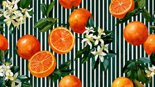 Watercolor orange fruit pattern with sliced citrus, white blossoms and green leaves on a dark green and white striped background. Vibrant Mediterranean botanical design for fabric and wallpaper.