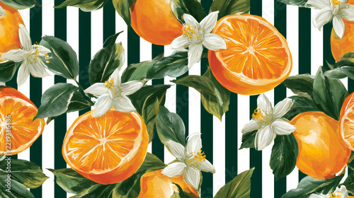 Watercolor orange fruit pattern with sliced citrus, white blossoms and green leaves on a dark green and white striped background. Vibrant Mediterranean botanical design for fabric and wallpaper.