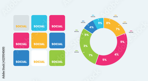 Colorful Social Media Infographic Template Featuring Rounded Square Grid and Segmented Donut Chart