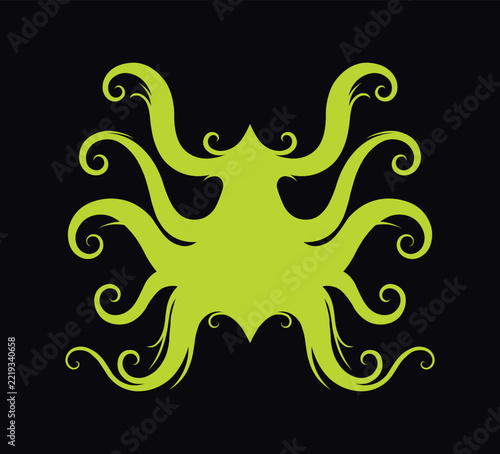 Neon Green Abstract Octopus Silhouette with Symmetrical Tentacles on Solid Dark Black Background
