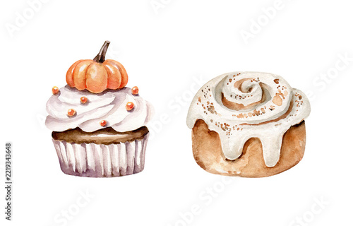 Watercolor autumn treats:cupcake with pumpkin and cinnamon roll.Sweet food.Fall season.Hand painted autumn food illustration