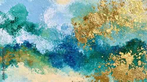 Abstract watercolor painting with flowing texture, expressive brushwork, and metallic gold accents creating a luxurious artistic background.