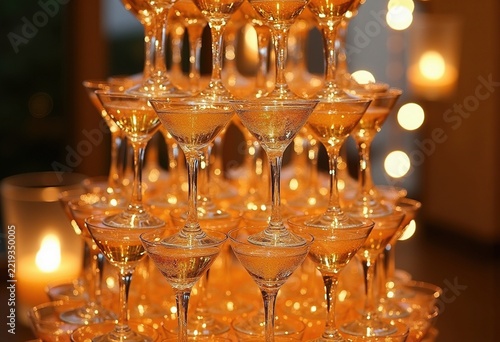 Cascading Champagne Tower at Elegant Wedding Reception with Stunning Crystal Aesthetics