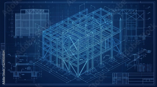 Architectural Blueprint of a Steel Frame Building Structure with Technical Drawings