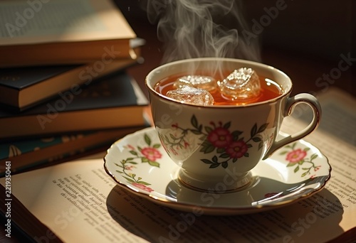 Delicate China Teacup Steaming Herbal Infusion on Rustic Wooden Desk Surrounded by Books and Cozy Ambiance